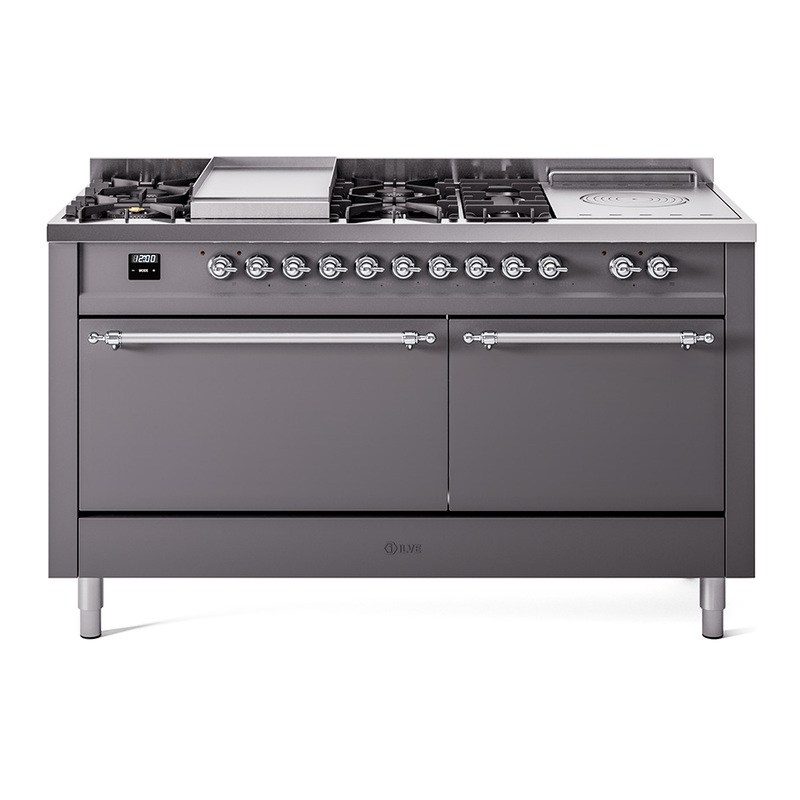 ILVE UP60FSQNMPMGCLP Nostalgie II 60" Dual Fuel Range (7 Sealed Burners + Griddle + French Top, Liquid Propane, Solid Door, Graphite Matte, Chrome)