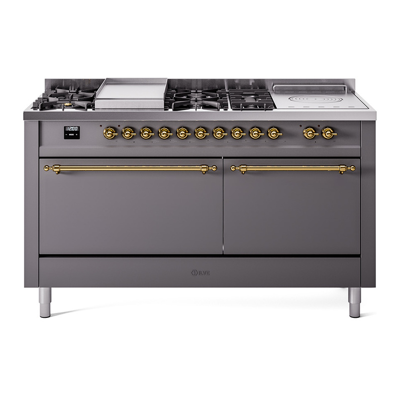 ILVE UP60FSQNMPMGGLP Nostalgie II 60" Dual Fuel Range (7 Sealed Burners + Griddle + French Top, Liquid Propane, Solid Door, Graphite Matte, Brass)