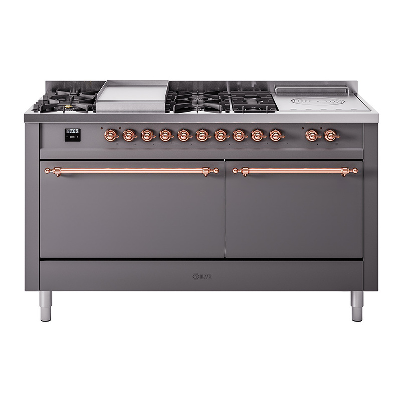 ILVE UP60FSQNMPMGPLP Nostalgie II 60" Dual Fuel Range (7 Sealed Burners + Griddle + French Top, Liquid Propane, Solid Door, Graphite Matte, Copper)