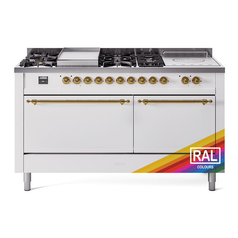 ILVE UP60FSQNMPRAG Nostalgie II 60" Dual Fuel Range (7 Sealed Burners + Griddle + French Top, Natural Gas, Solid Door, RAL, Brass)