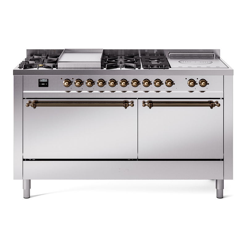 ILVE UP60FSQNMPSSBLP Nostalgie II 60" Dual Fuel Range (7 Sealed Burners + Griddle + French Top, Liquid Propane, Solid Door, Stainless Steel, Burnished)