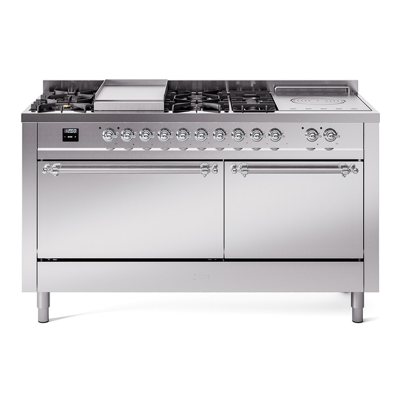 ILVE UP60FSQNMPSSCLP Nostalgie II 60" Dual Fuel Range (7 Sealed Burners + Griddle + French Top, Liquid Propane, Solid Door, Stainless Steel, Chrome)