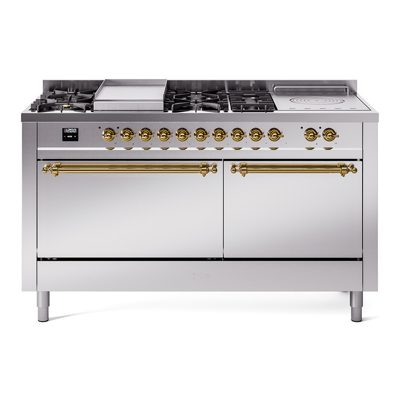 ILVE UP60FSQNMPSSGLP Nostalgie II 60" Dual Fuel Range (7 Sealed Burners + Griddle + French Top, Liquid Propane, Solid Door, Stainless Steel, Brass)