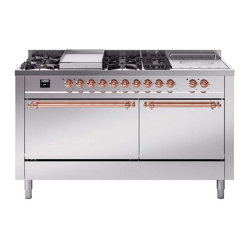 ILVE UP60FSQNMPSSP Nostalgie II 60" Dual Fuel Range (7 Sealed Burners + Griddle + French Top, Natural Gas, Solid Door, Stainless Steel, Copper)