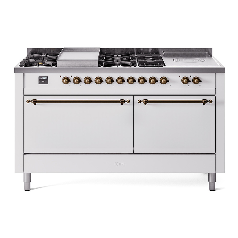 ILVE UP60FSQNMPWHBLP Nostalgie II 60" Dual Fuel Range (7 Sealed Burners + Griddle + French Top, Liquid Propane, Solid Door, White, Burnished)