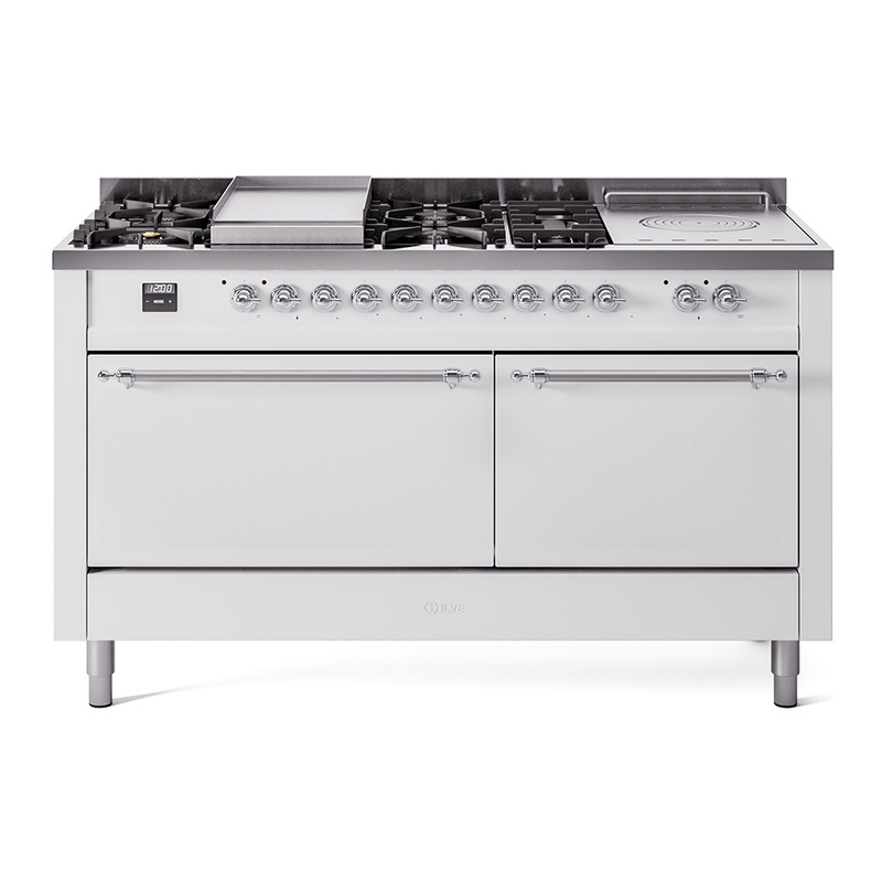 ILVE UP60FSQNMPWHCLP Nostalgie II 60" Dual Fuel Range (7 Sealed Burners + Griddle + French Top, Liquid Propane, Solid Door, White, Chrome)