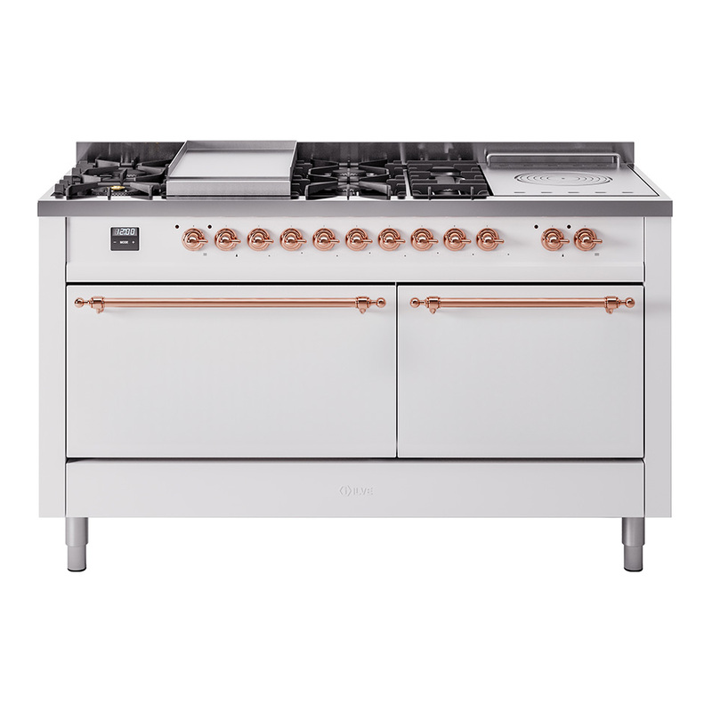 ILVE UP60FSQNMPWHPLP Nostalgie II 60" Dual Fuel Range (7 Sealed Burners + Griddle + French Top, Liquid Propane, Solid Door, White, Copper)