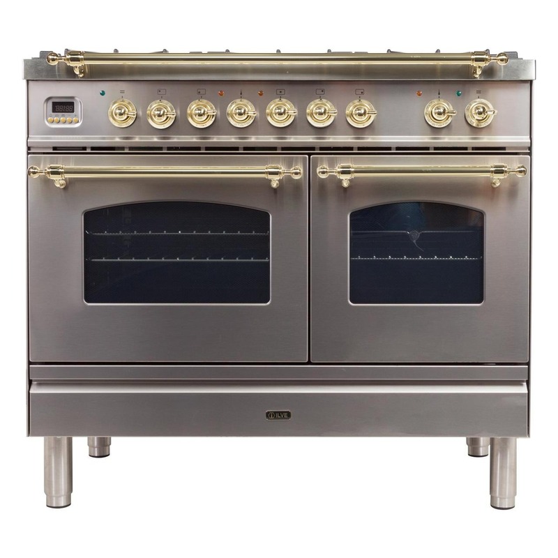 ILVE UPDN100FDMPILP 40" Nostalgie I Series Dual Fuel Range with 5 Sealed Brass Burners, 3.55 cu. ft. Total Capacity, Griddle (Stainless Steel, Brass Trim) (Liquid Propane)