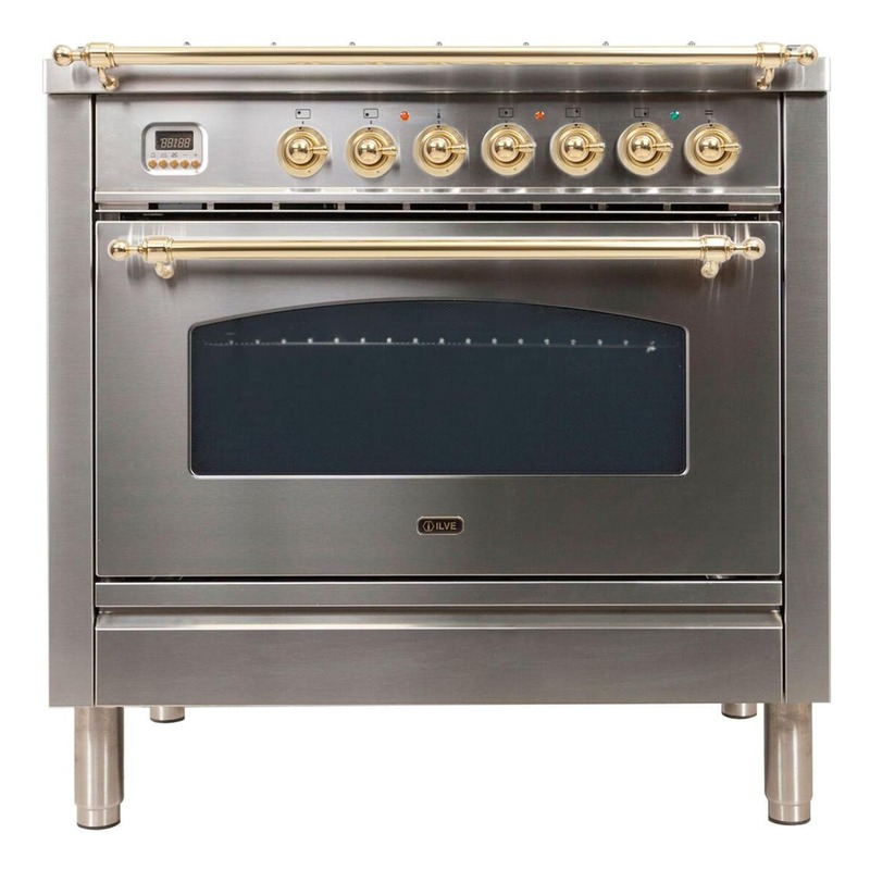 ILVE UPN90FDMPILP Nostalgie I 36" Dual Fuel Range (Stainless Steel, Brass Trim) (Liquid Propane)