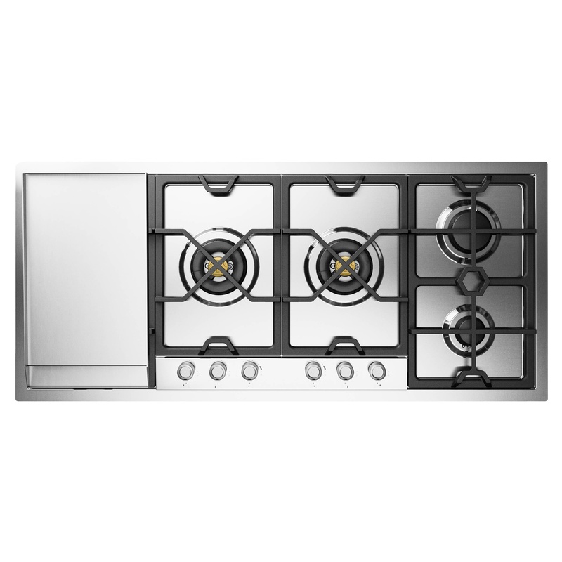 ILVE UHCPMT125FSSLP Panoramagic 48 inch Built-In Gas Cooktop with Total Black Brass Burners, in Stainless Steel  (6 Sealed Burners + Left Griddle, Liquid Propane)