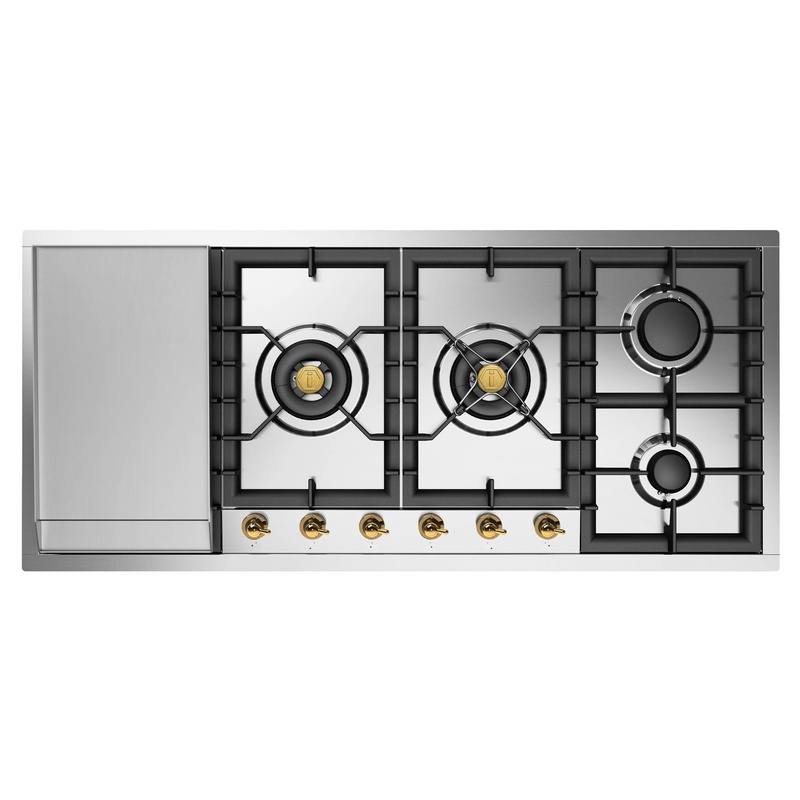 ILVE UHCPT125FNSSGLP Nostalgie II 48 inch Built-In Gas Cooktop with Total Black Brass Burners, in Stainless Steel  (6 Sealed Burners + Left Griddle, Liquid Propane)