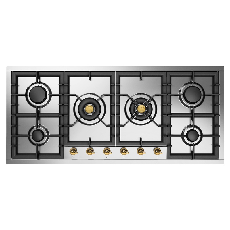 ILVE UHCPT125NSSGLP Nostalgie II 48 inch Built-In Gas Cooktop with Total Black Brass Burners, in Stainless Steel  (6 Sealed Burners, Liquid Propane)