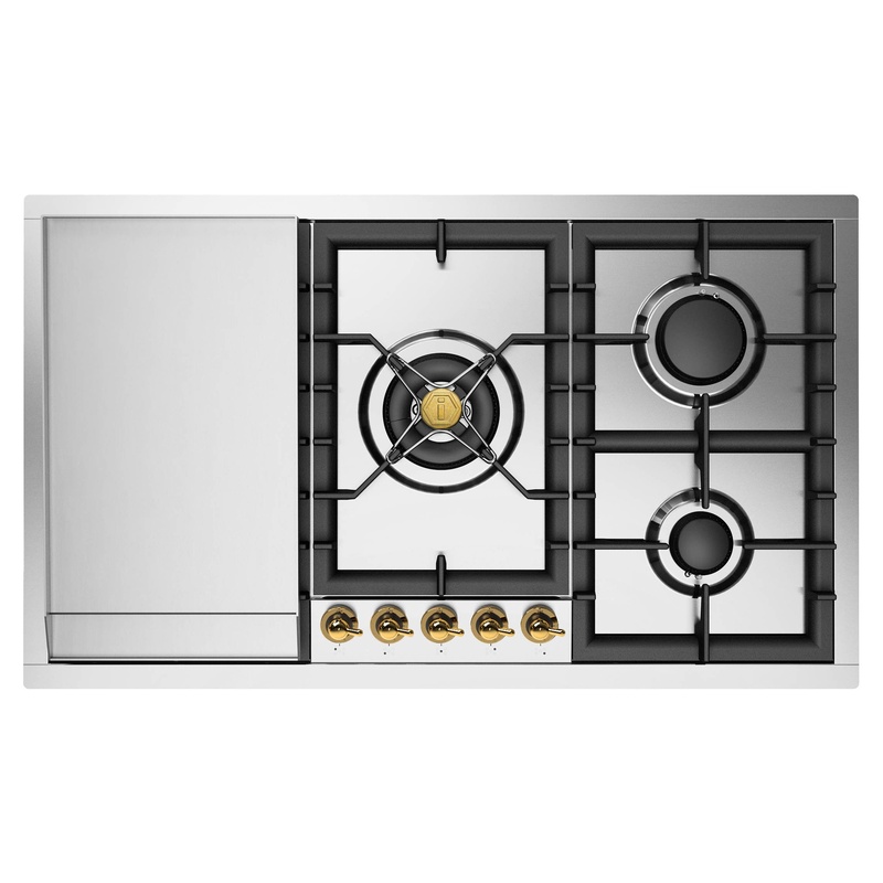 ILVE UHCPT95FNSSGLP Nostalgie II 36 inch Built-In Gas Cooktop with Total Black Brass Burners, in Stainless Steel  (5 Sealed Burners + Griddle, Liquid Propane)