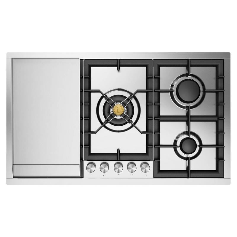 ILVE UHCPT95FSSLP Professional Plus II 36 inch Built-In Gas Cooktop with Total Black Brass Burners, in Stainless Steel  (5 Sealed Burners + Griddle, Liquid Propane)