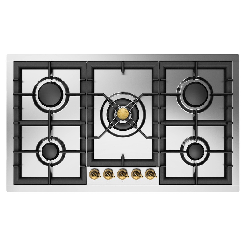 ILVE UHCPT95NSSGLP Nostalgie II 36 inch Built-In Gas Cooktop with Total Black Brass Burners, in Stainless Steel  (5 Sealed Burners, Liquid Propane)