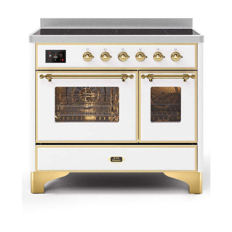 ILVE UMDI10NS3WHG Majestic II 40 inch Induction Range with 6 Elements, Booster Function, Bridge Control, Residual Heat Indicator (Triple Glass Door, White, Brass)