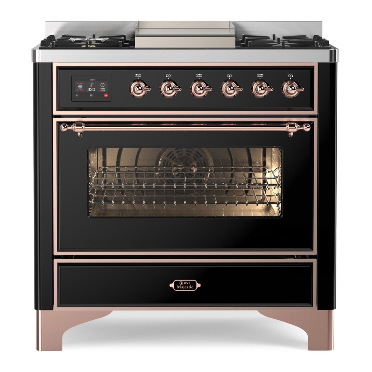 ILVE UM09FDNS3BKP Majestic II 36 inch Dual Fuel Range with 6 Black Brass Burners, Griddle (Triple Glass Door, Glossy Black, Copper, Natural Gas) 1 UM09FDNS3BKP