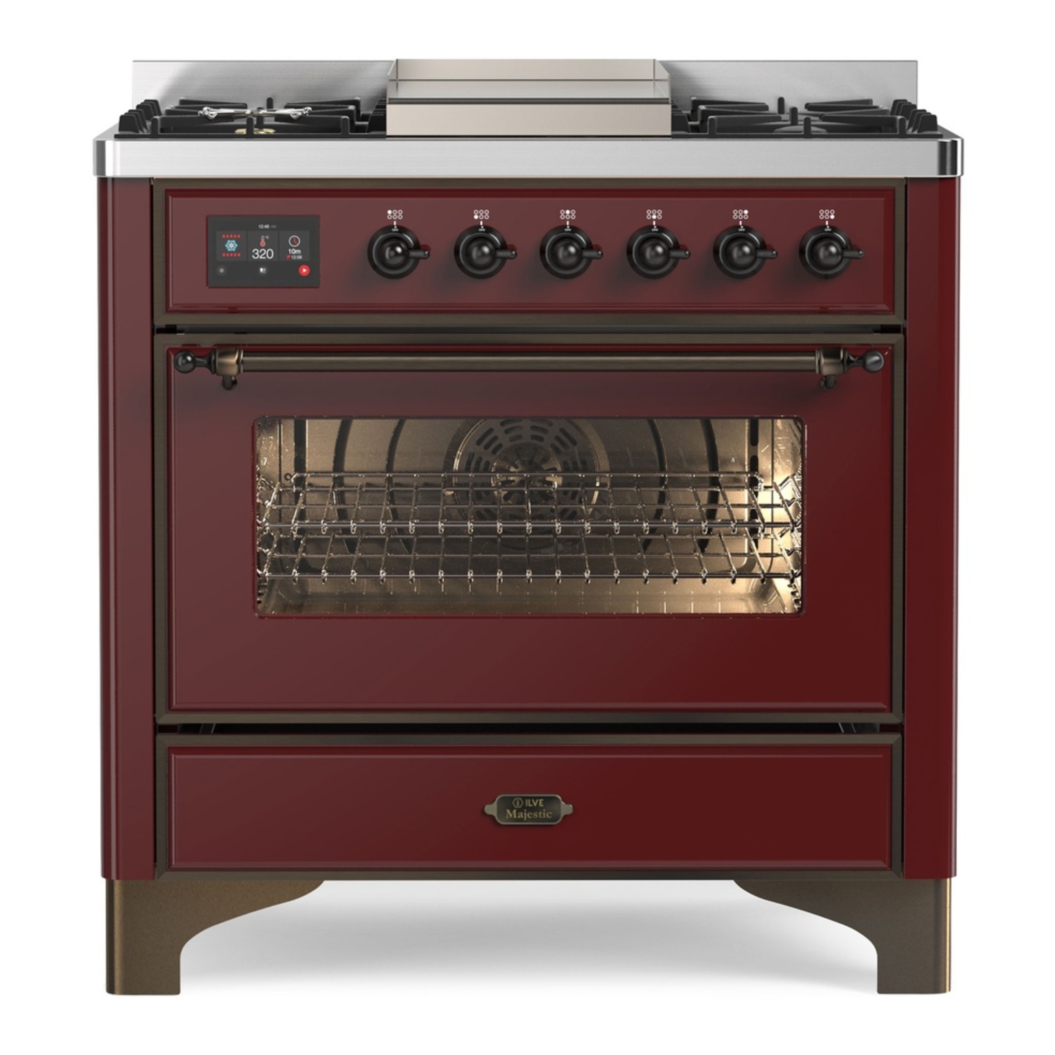 ILVE UM09FDNS3BUBLP Majestic II 36 inch Dual Fuel Range with 6 Black Brass Burners, Griddle (Triple Glass Door, Burgundy, Burnished, Liquid Propane) 1 UM09FDNS3BUBLP