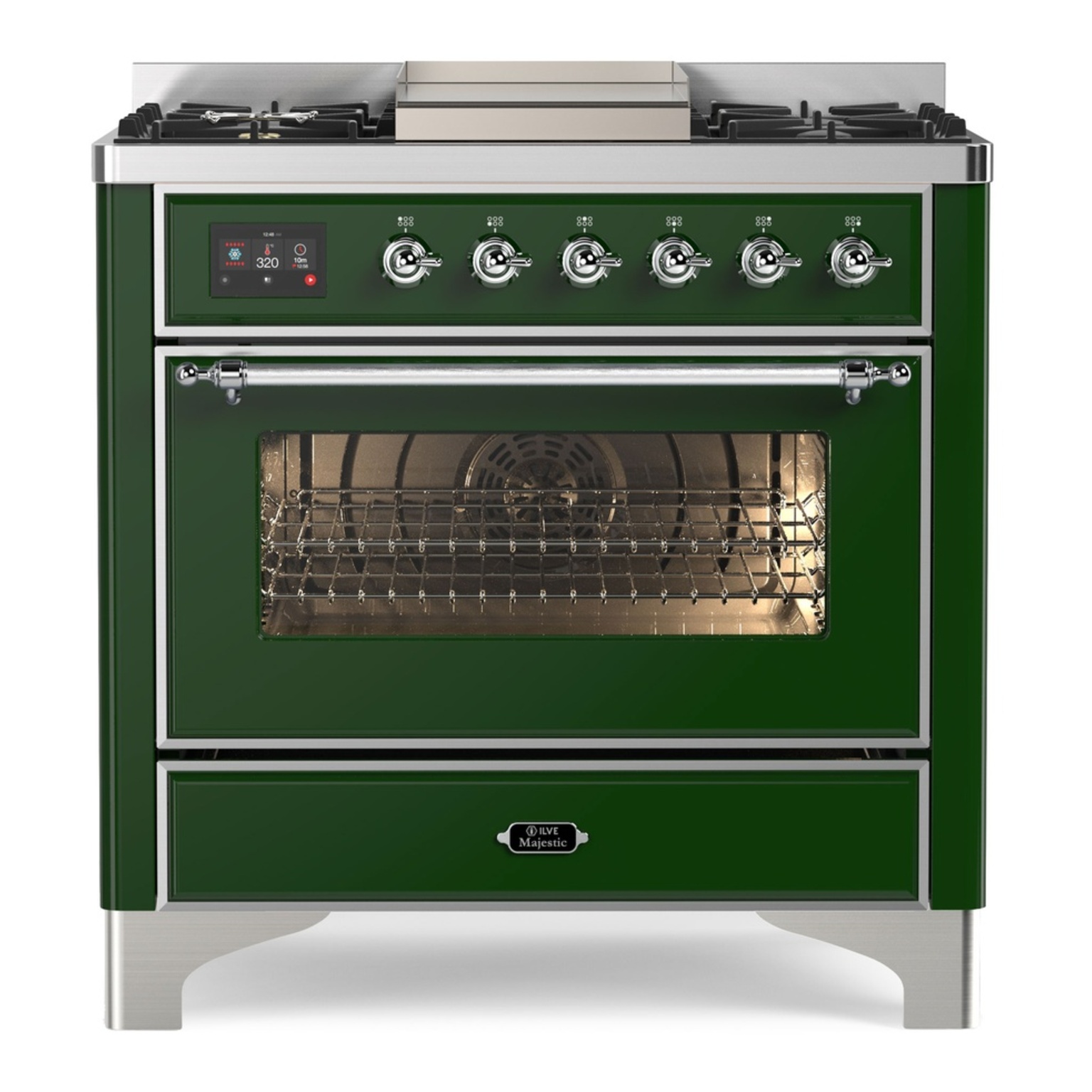 ILVE UM09FDNS3EGC Majestic II 36 inch Dual Fuel Range with 6 Black Brass Burners, Griddle (Triple Glass Door, Emerald Green, Chrome, Natural Gas) 1 UM09FDNS3EGC