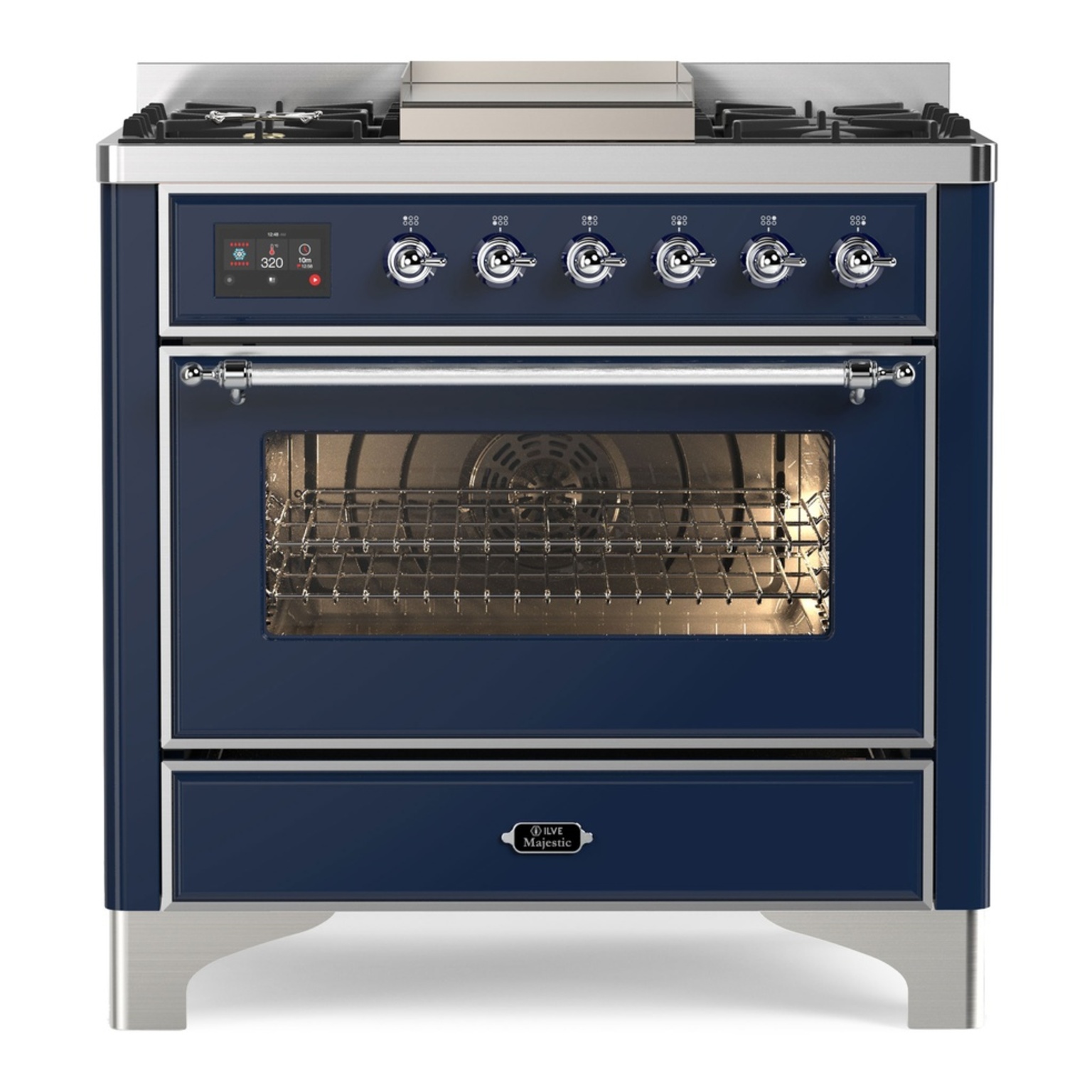 ILVE UM09FDNS3MBC Majestic II 36 inch Dual Fuel Range with 6 Black Brass Burners, Griddle (Triple Glass Door, Midnight Blue, Chrome, Natural Gas) 1 UM09FDNS3MBC