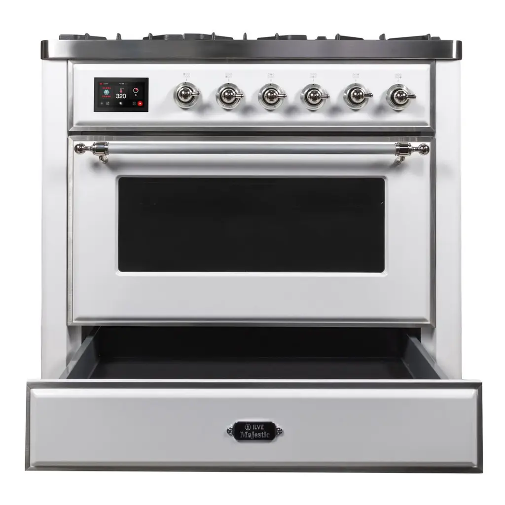ILVE_UM09FDNS3WHCLP_Majestic_II_36"_Dual_Fuel_Range_drawer_opened