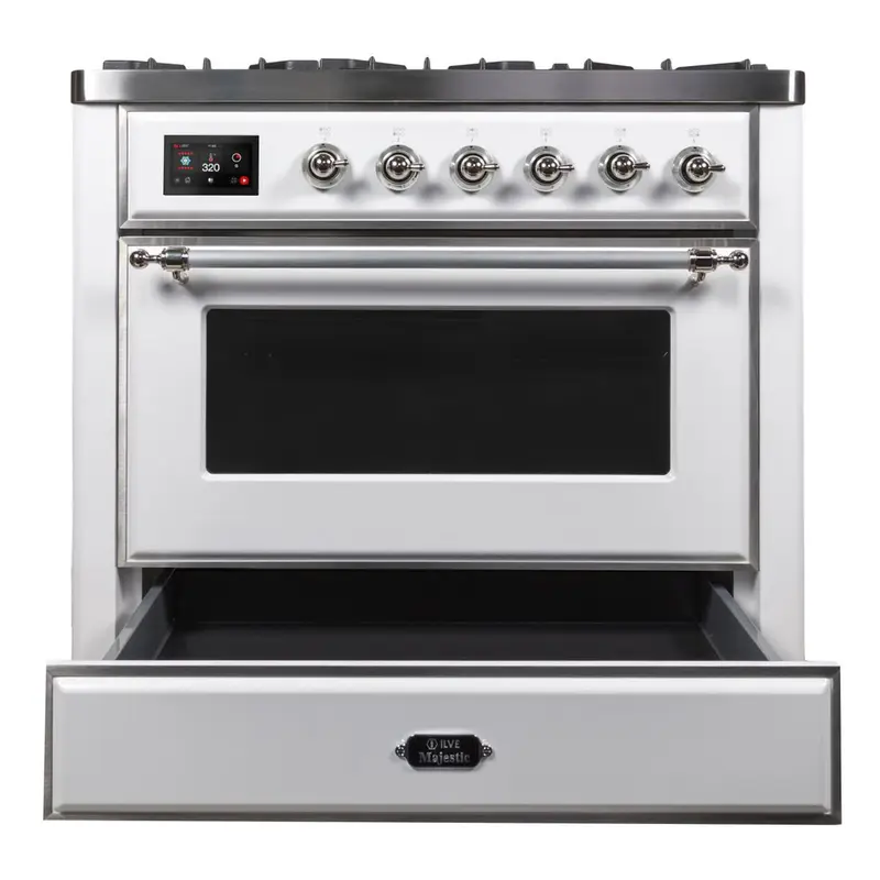 ILVE_UM09FDNS3WHCLP_Majestic_II_36"_Dual_Fuel_Range_drawer_opened