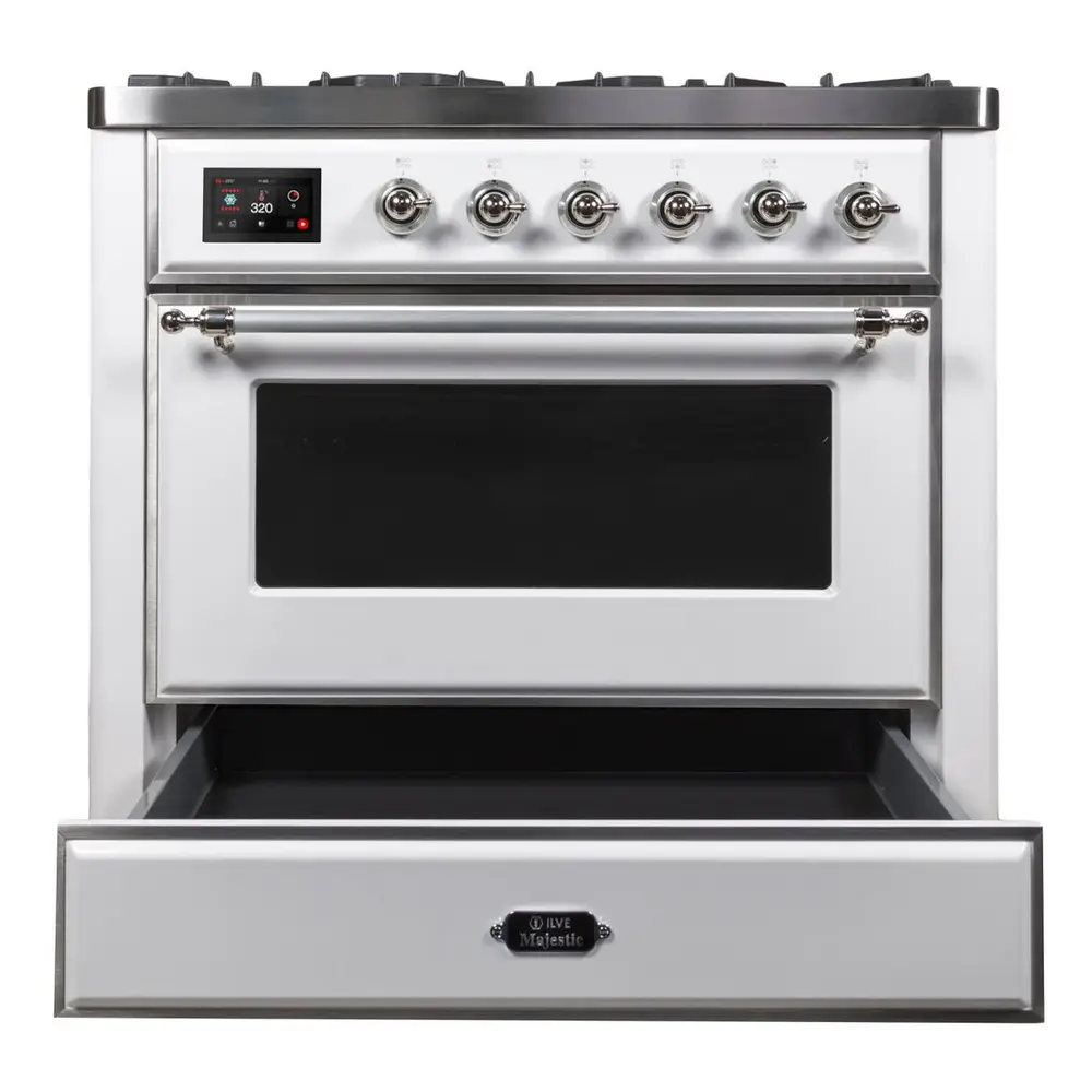 ILVE_UM09FDNS3WHC_Majestic_II_36"_Dual_Fuel_Range_drawer_opened