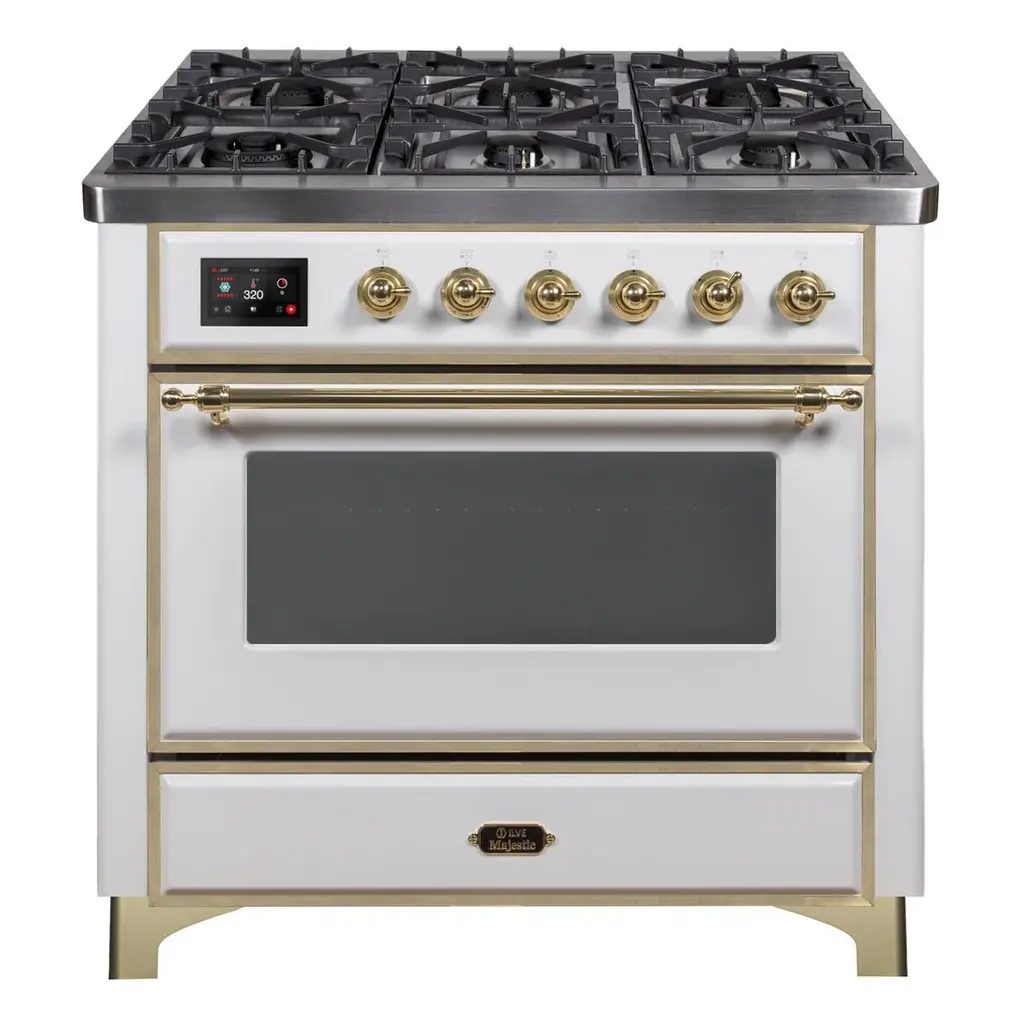 ILVE_UM09FDNS3WHGLP_Majestic_II_36"_Dual_Fuel_Range_front_angle
