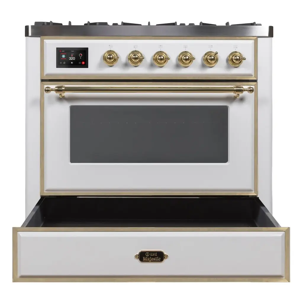 ILVE_UM09FDNS3WHGLP_Majestic_II_36"_Dual_Fuel_Range_drawer_opened