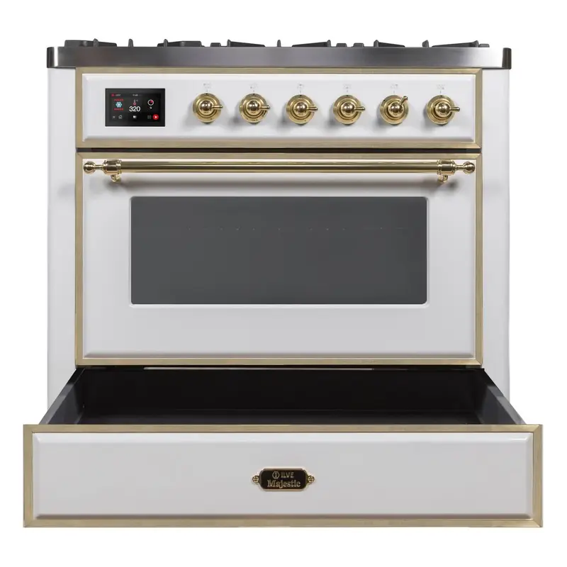 ILVE_UM09FDNS3WHGLP_Majestic_II_36"_Dual_Fuel_Range_drawer_opened