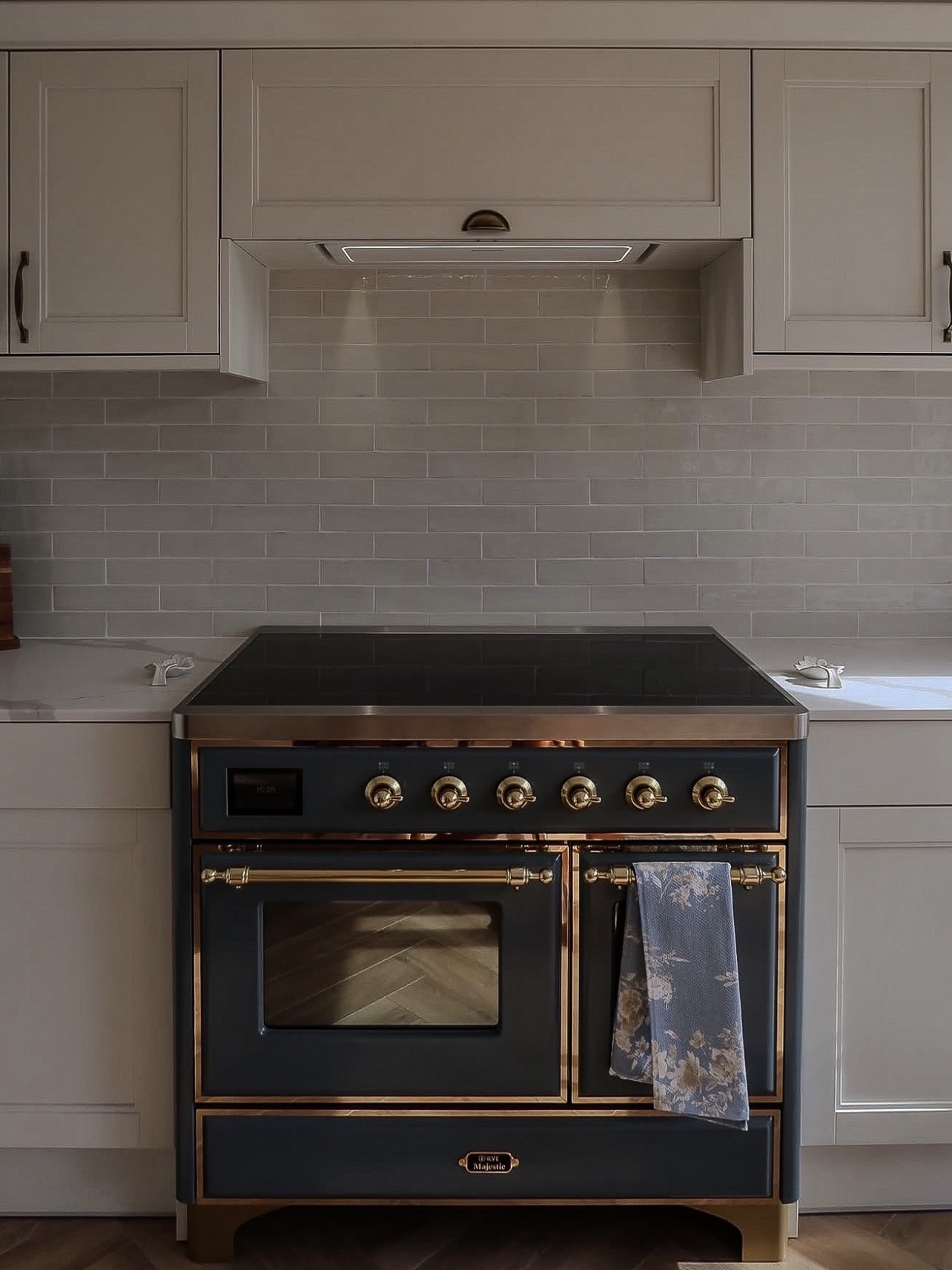 Front view of blue-grey ILVE Majestic induction range