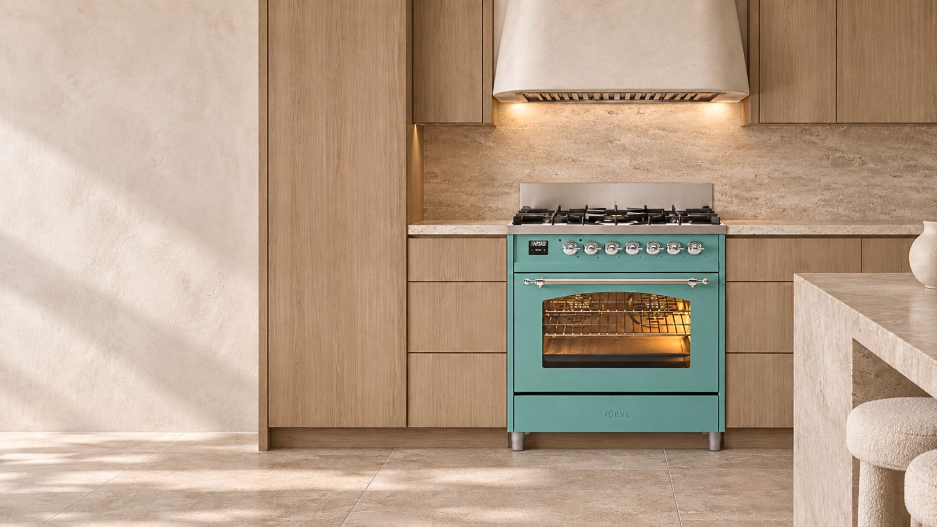 36-inch ILVE Nostalgie range in Mediterranean Mint with polished Chrome trim