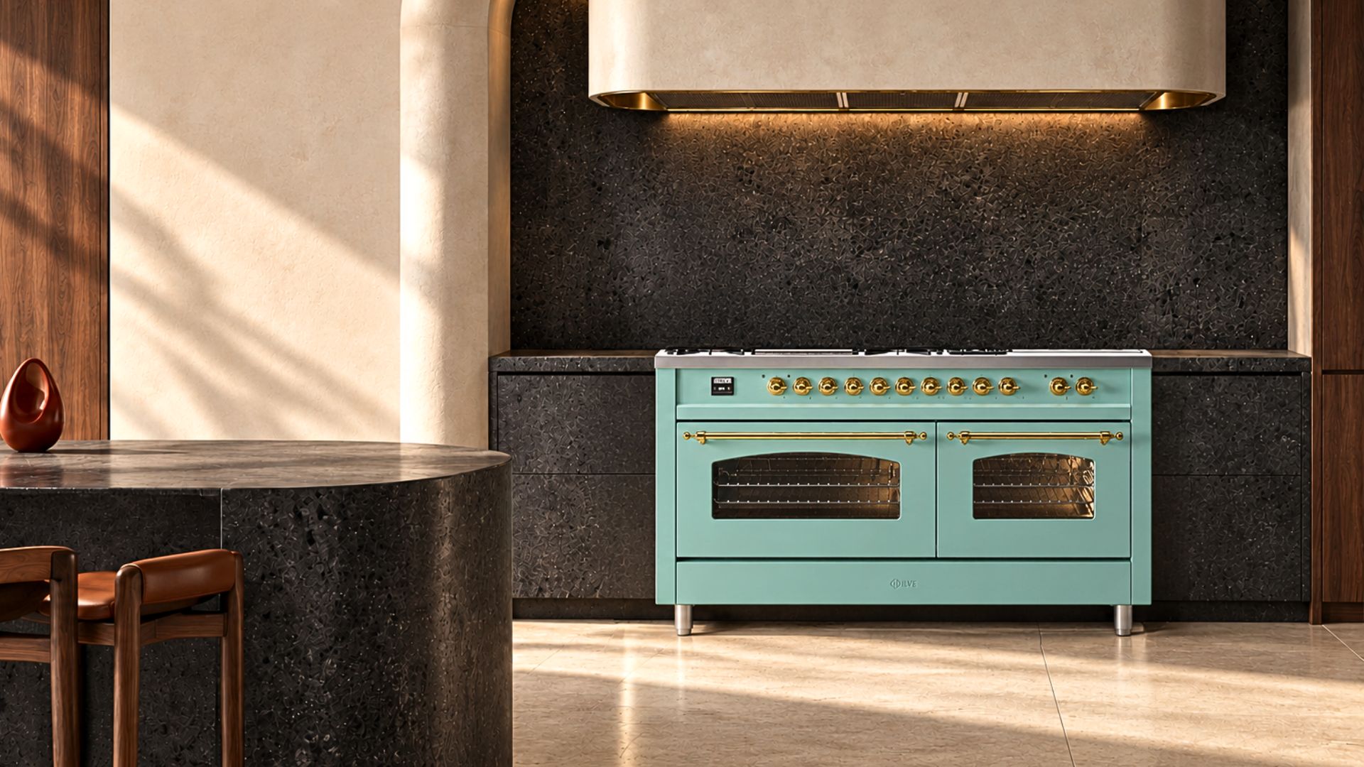 60-inch ILVE Nostalgie range in Mediterranean Mint with brass knobs and handles