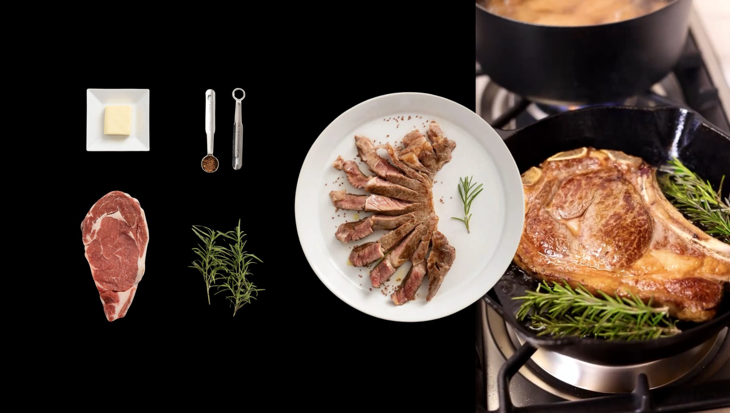 Steak cooking in a pan with rosemary and butter, with ingredients and sliced steak on a plate.