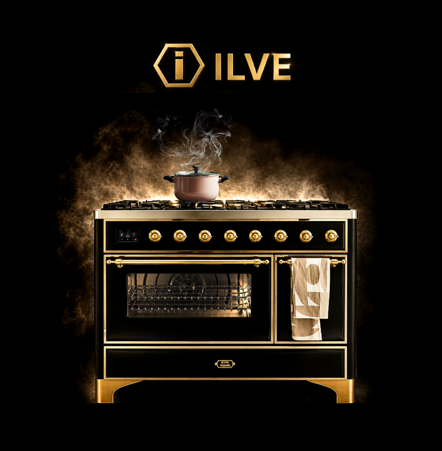 Black and brass ILVE Majestic range with cookware, dramatic steam, ILVE logo, and Live Cook Love campaign text.