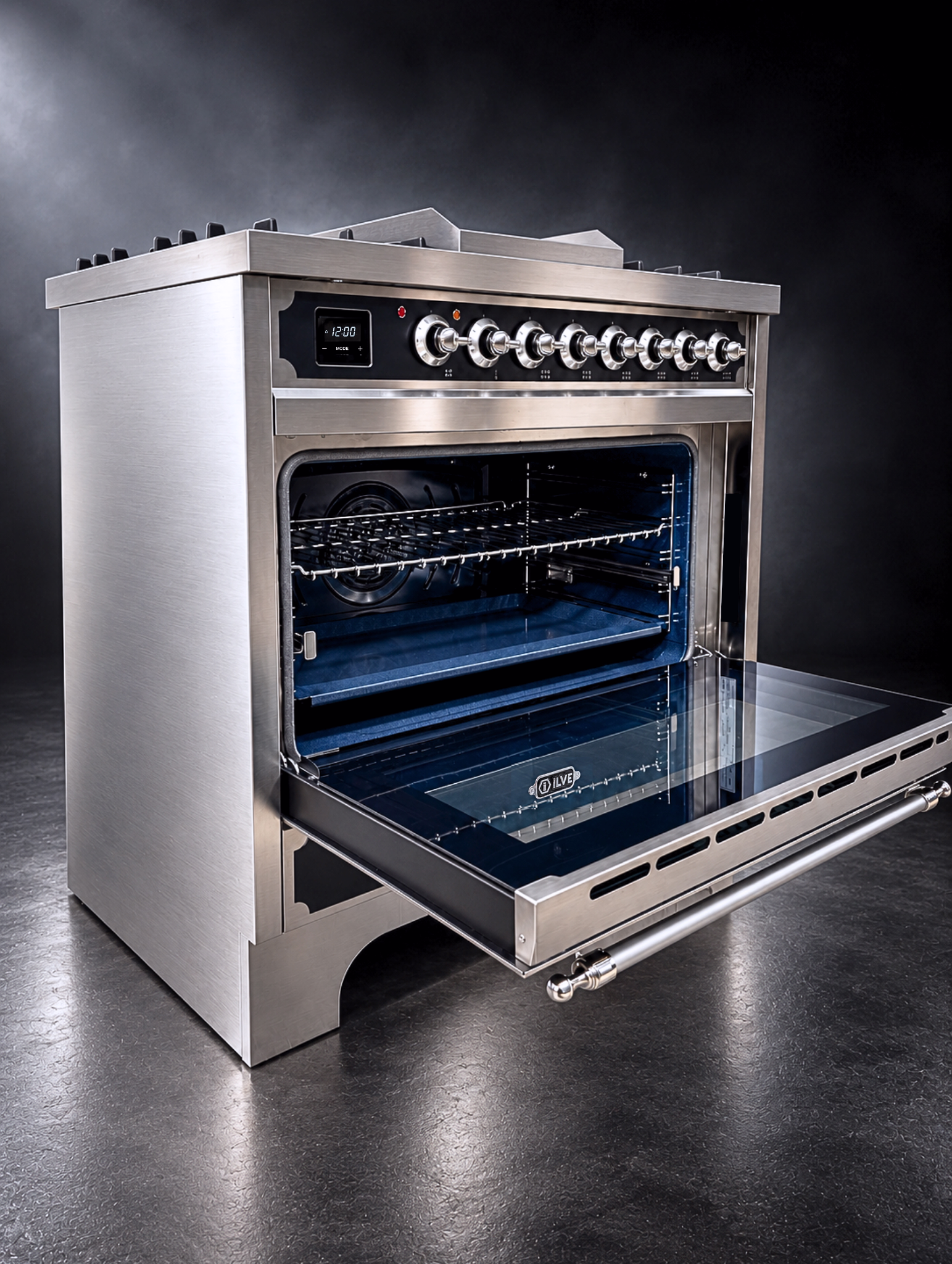 ILVE Decor Series Dual Fuel Range with Oven Door Open