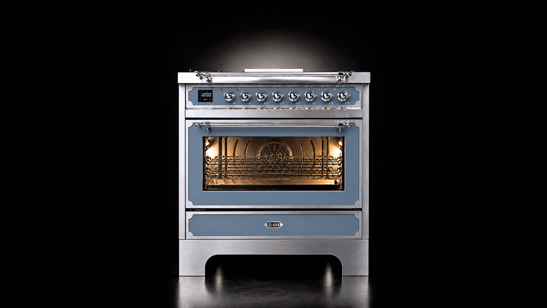 ILVE Decor Series Dual Fuel Range in Blue Grey with Chrome Knobs and Trim.