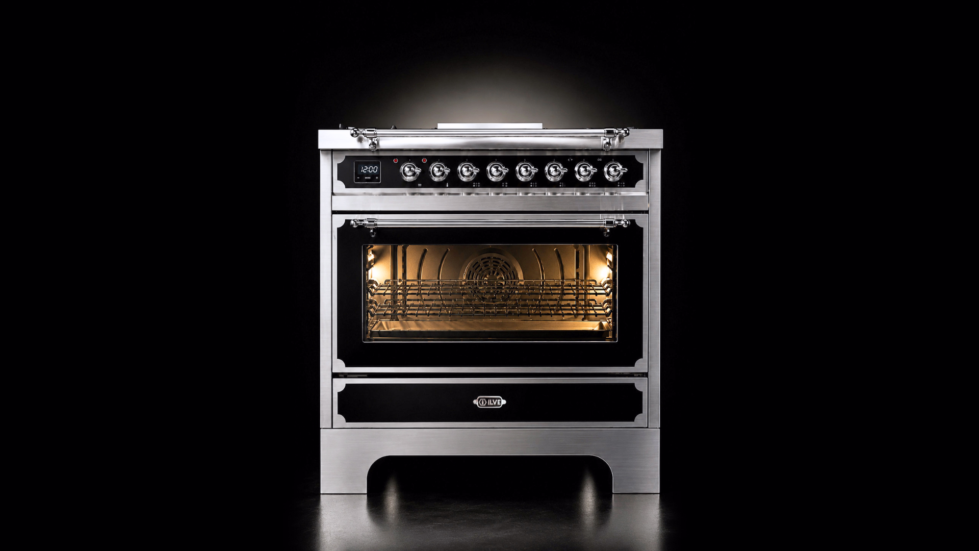 ILVE Decor Series Dual Fuel Range in Graphite Matte with Chrome Knobs and Trim.
