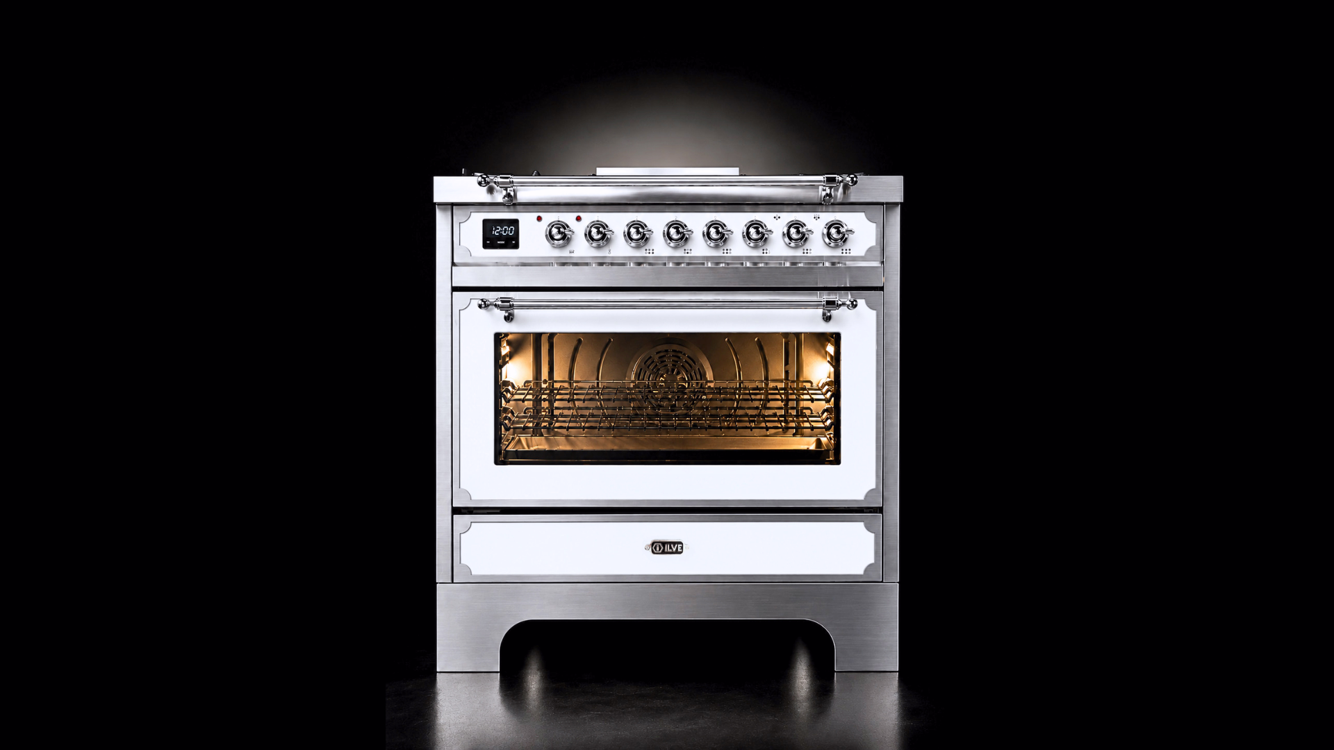 ILVE Decor Series Dual Fuel Range in White with Chrome Trim.