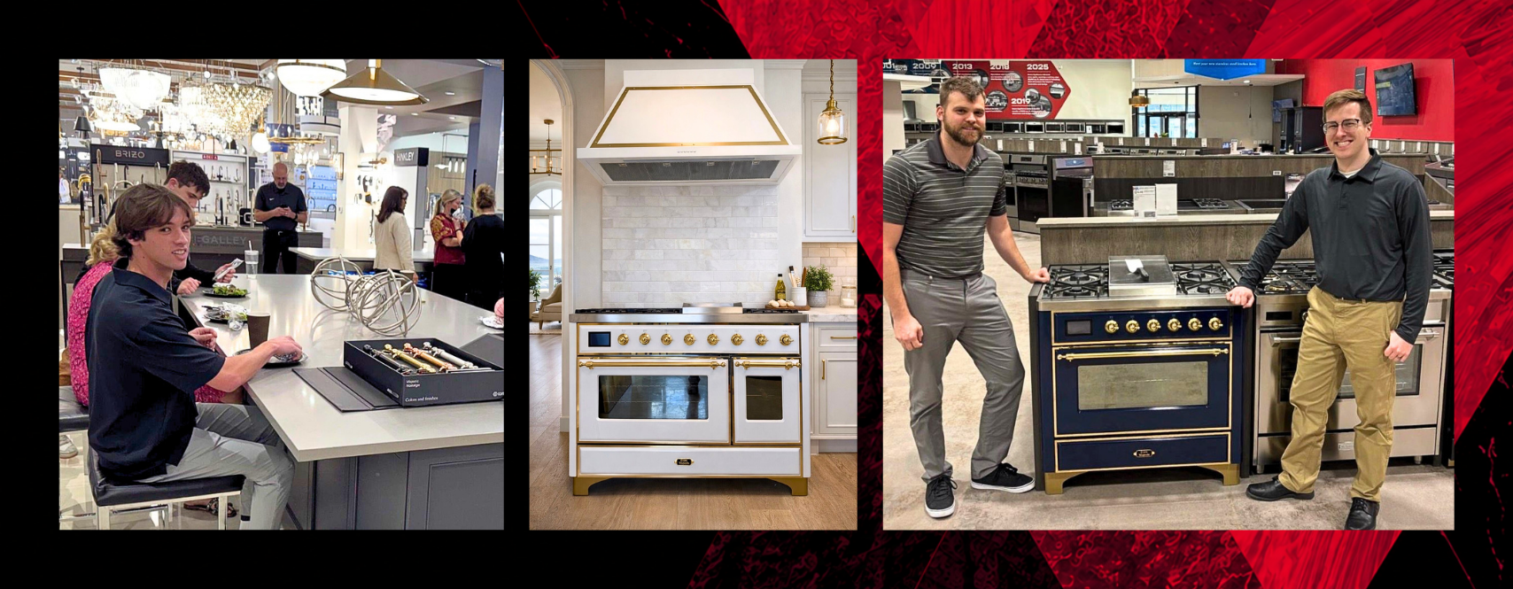 ILVE ranges displayed with independent appliance dealers in showroom settings across the U.S.
