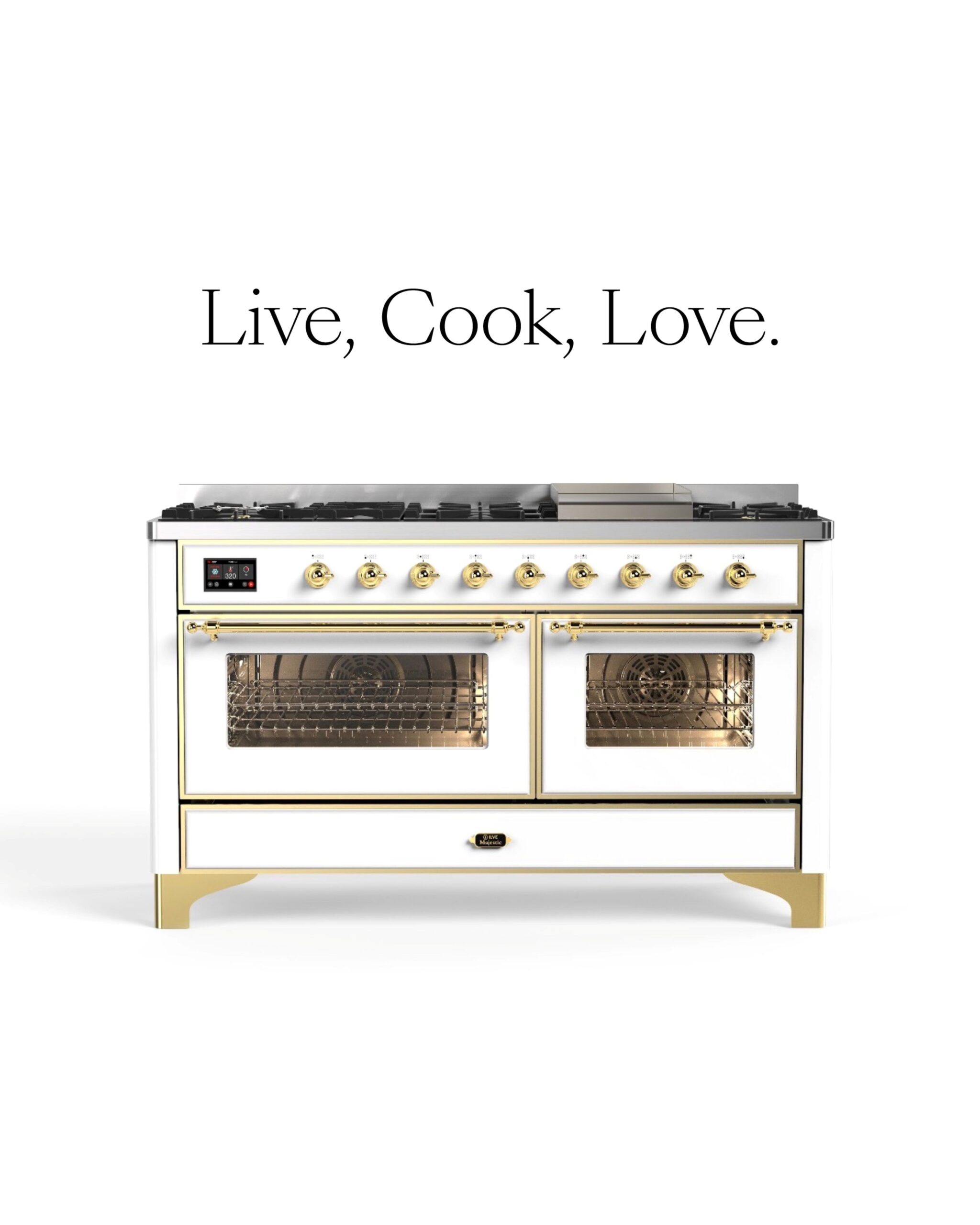 ILVE Majestic 60 Dual Fuel Range in White with Brass Trim scaled