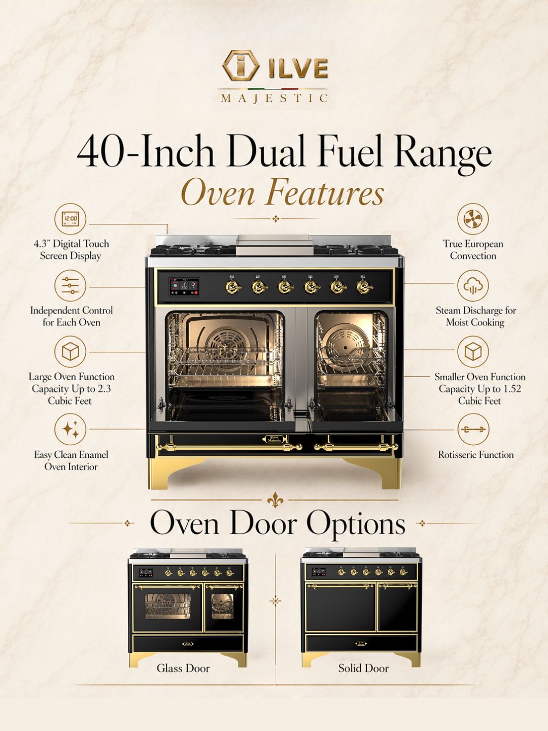 ILVE Majestic III 40 inch Dual Fuel Oven Features