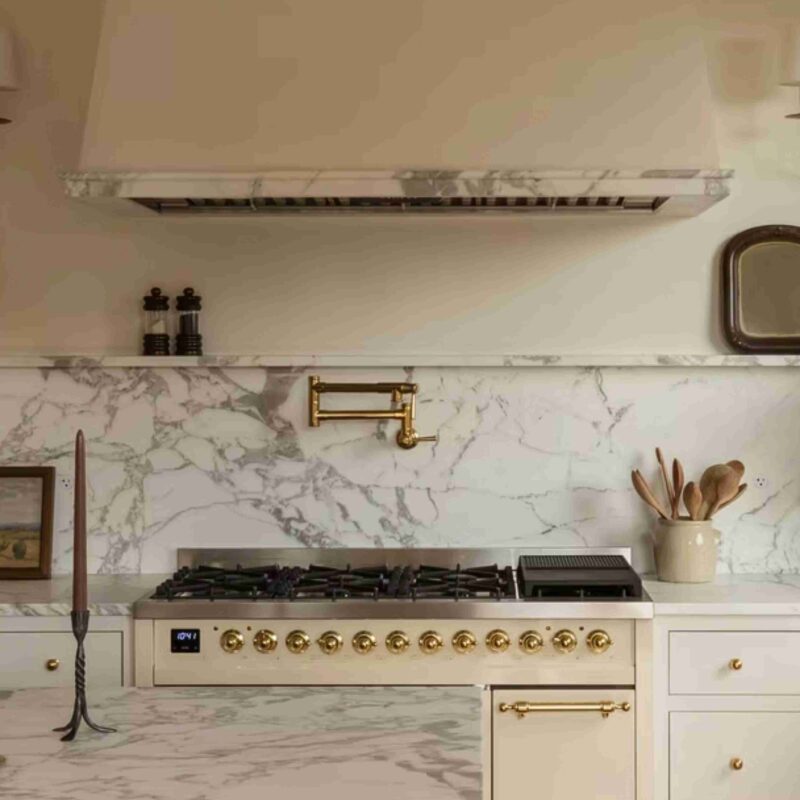 ILVE Nostalgie 48-inch Dual Fuel Range in Antique White with Brass Trim