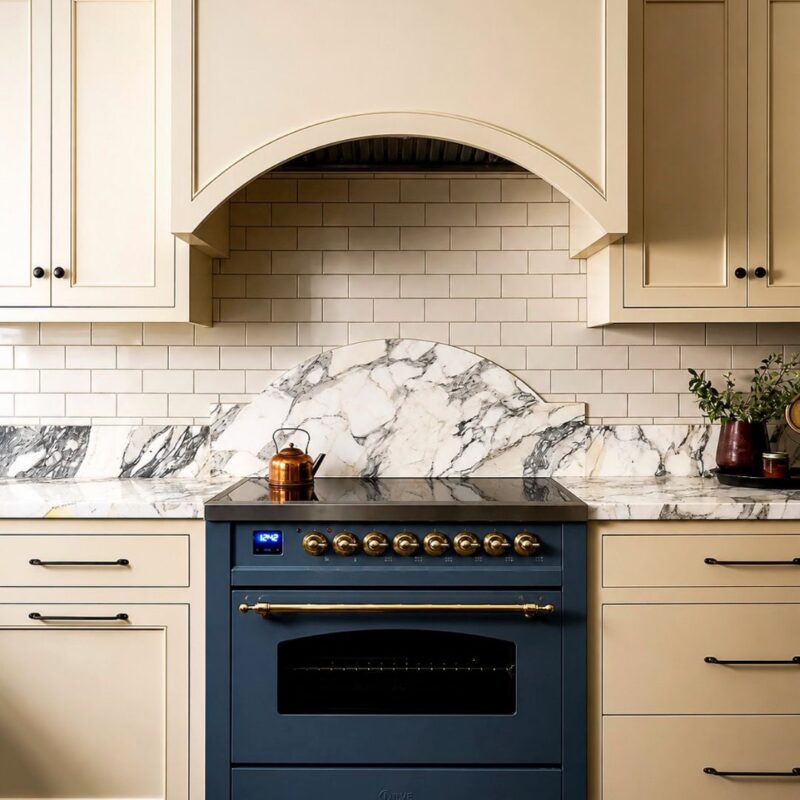 Elegant kitchen with blue Nostalgie Induction Range.