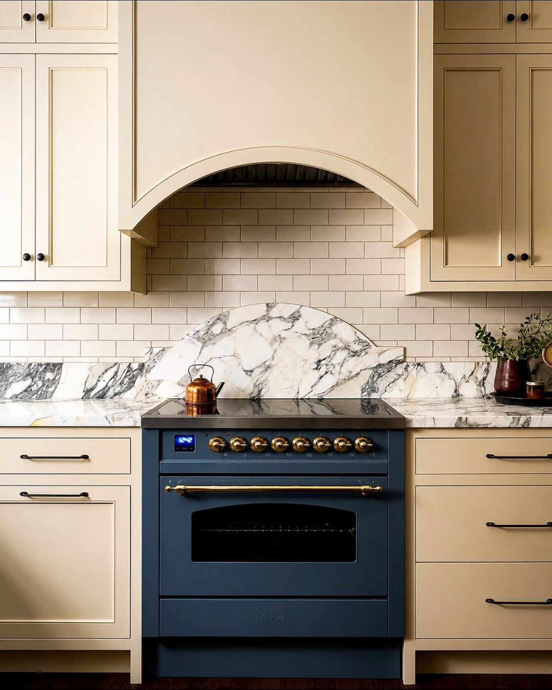 Elegant kitchen with blue Nostalgie Induction Range.