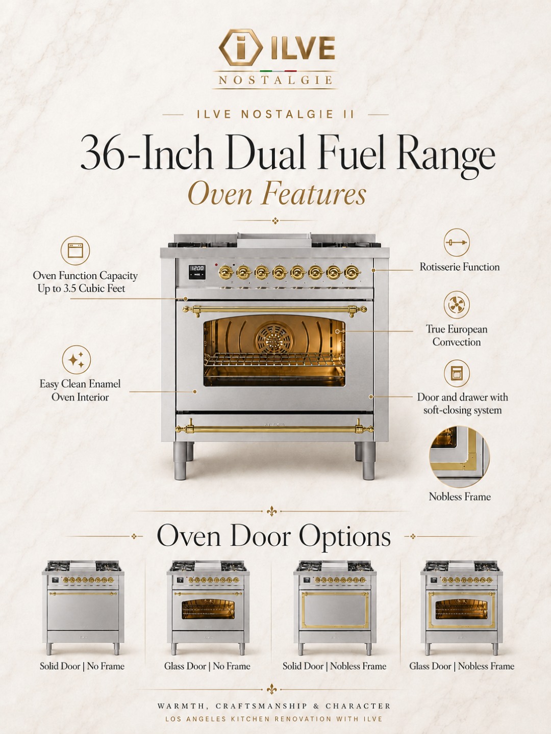 ILVE Nostalgie II 36-inch dual fuel range with brass trim and stainless steel finish