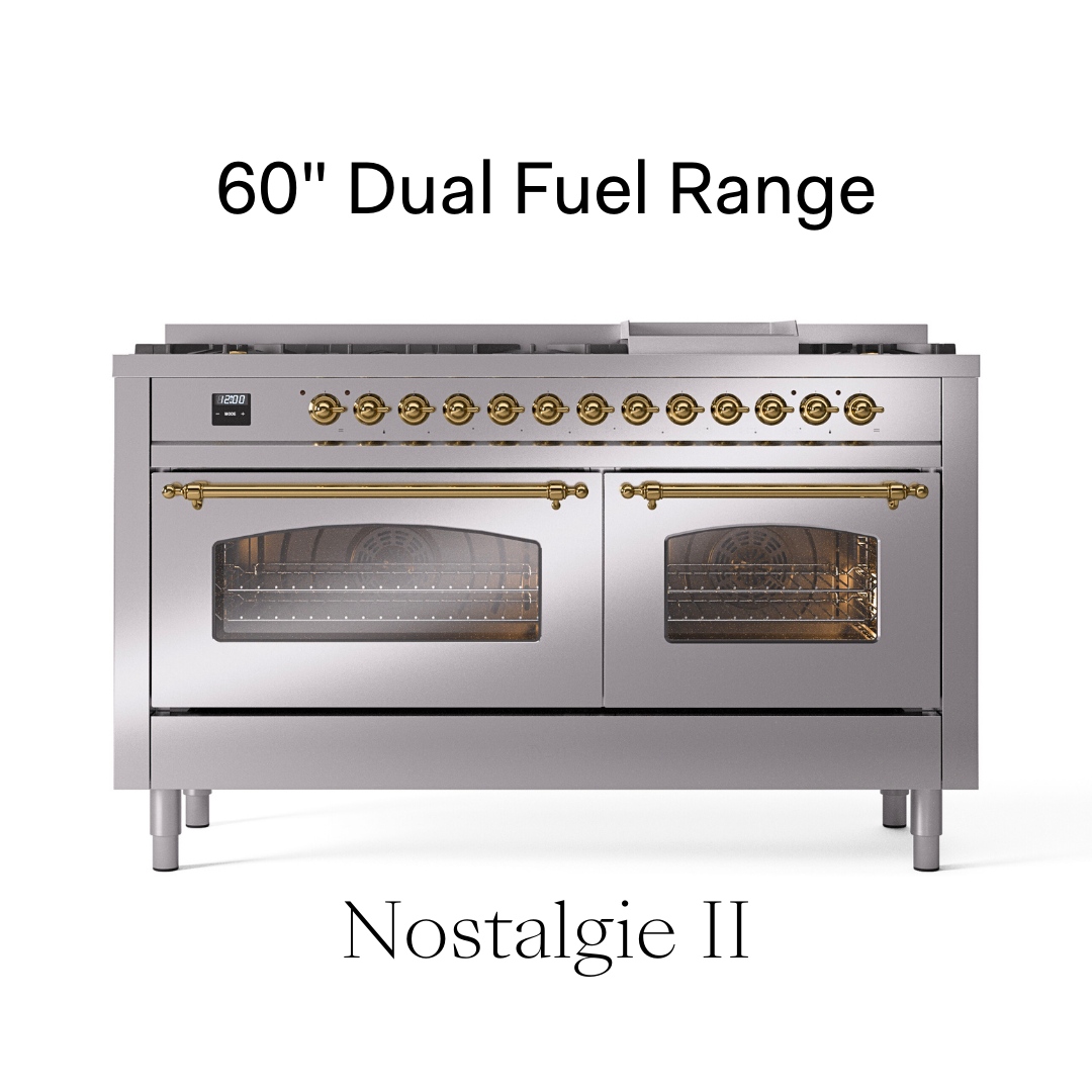 ILVE Nostalgie II 60 inch Dual Fuel Gas Range Stainless Steel Brass