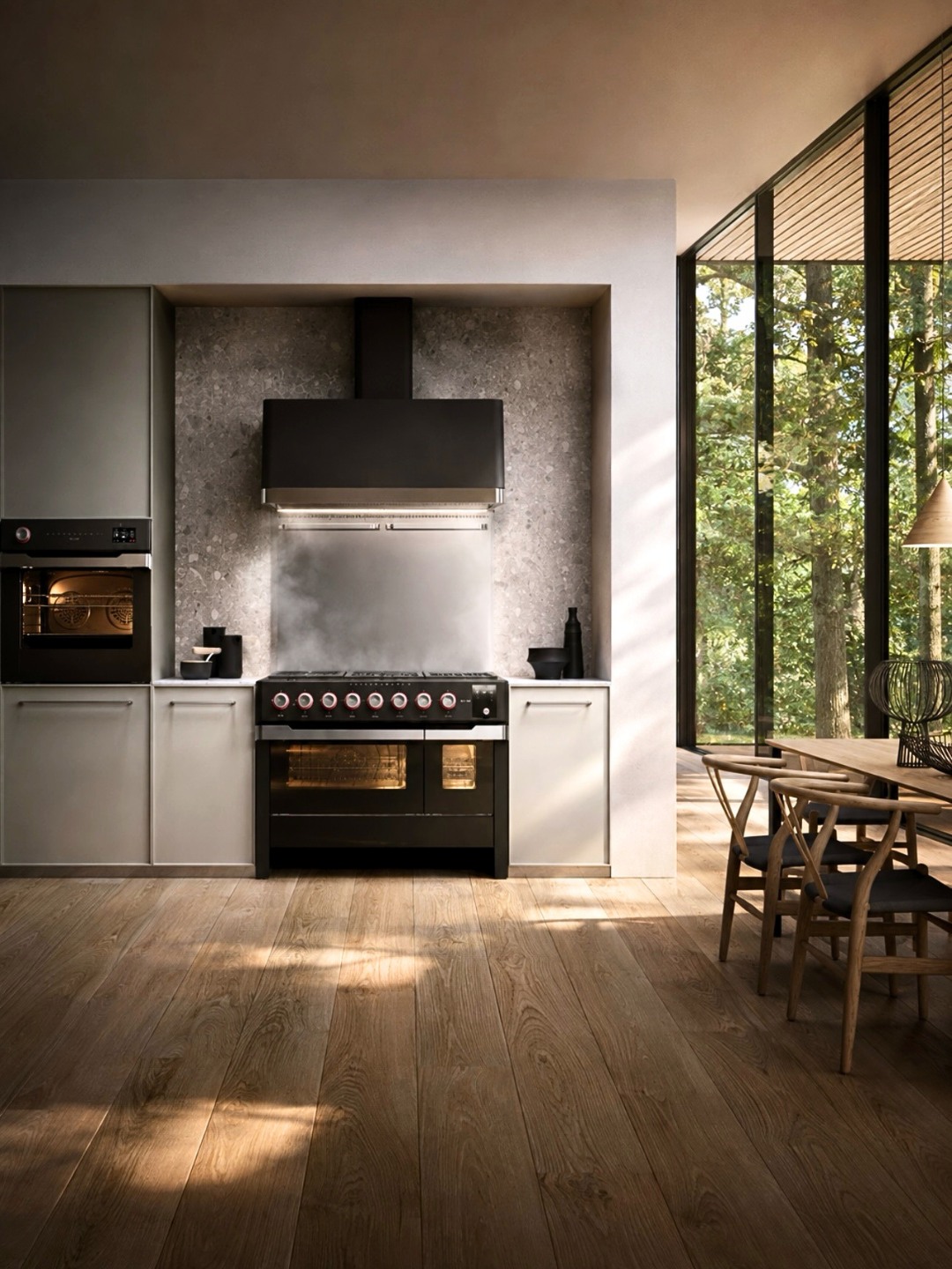 Matte Black ILVE Panoramagic range in a contemporary luxury kitchen