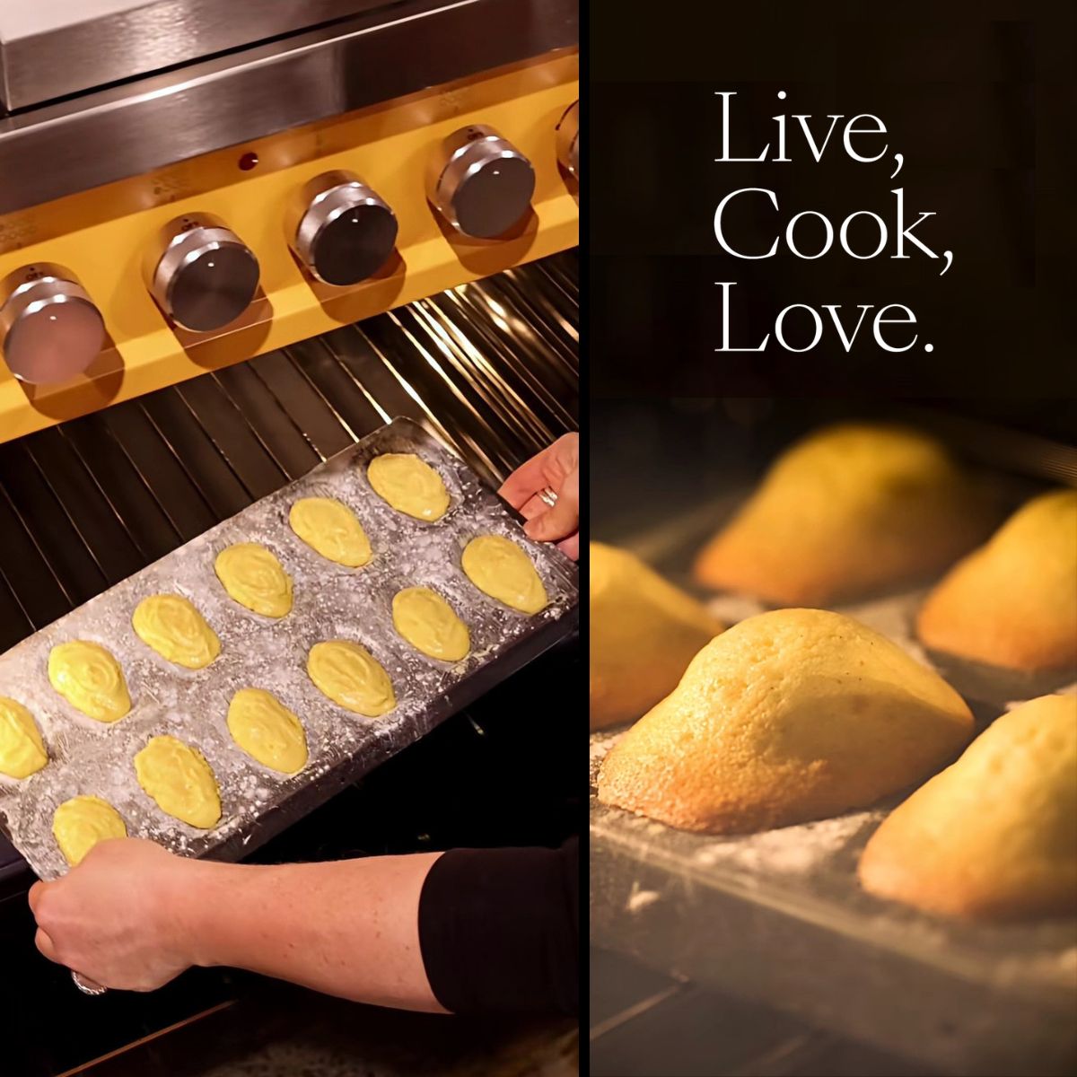 Baking French madeleines in oven.
