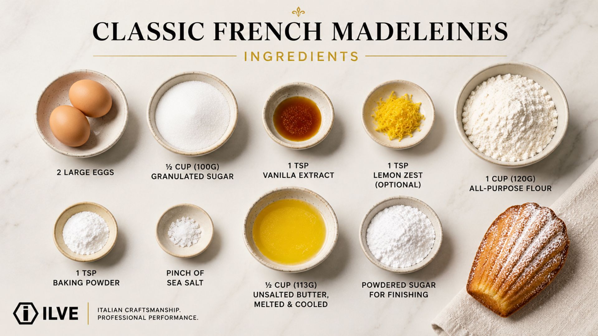 Ingredients for classic French madeleines